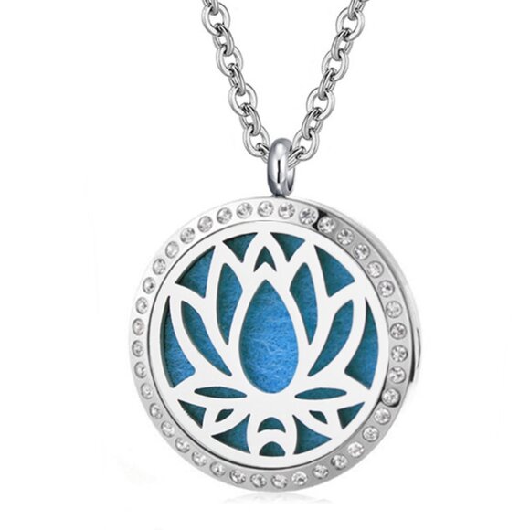 Shop of Closets Jewelry - Lotus Flower w/ Crystals Stainless Steel Essential Oil Necklace Hypoallergenic